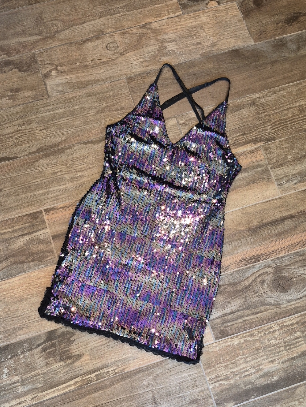 Purple Sequin Black Lace Trim Strappy Back Sleeveless Lined Mini Dress, XS
